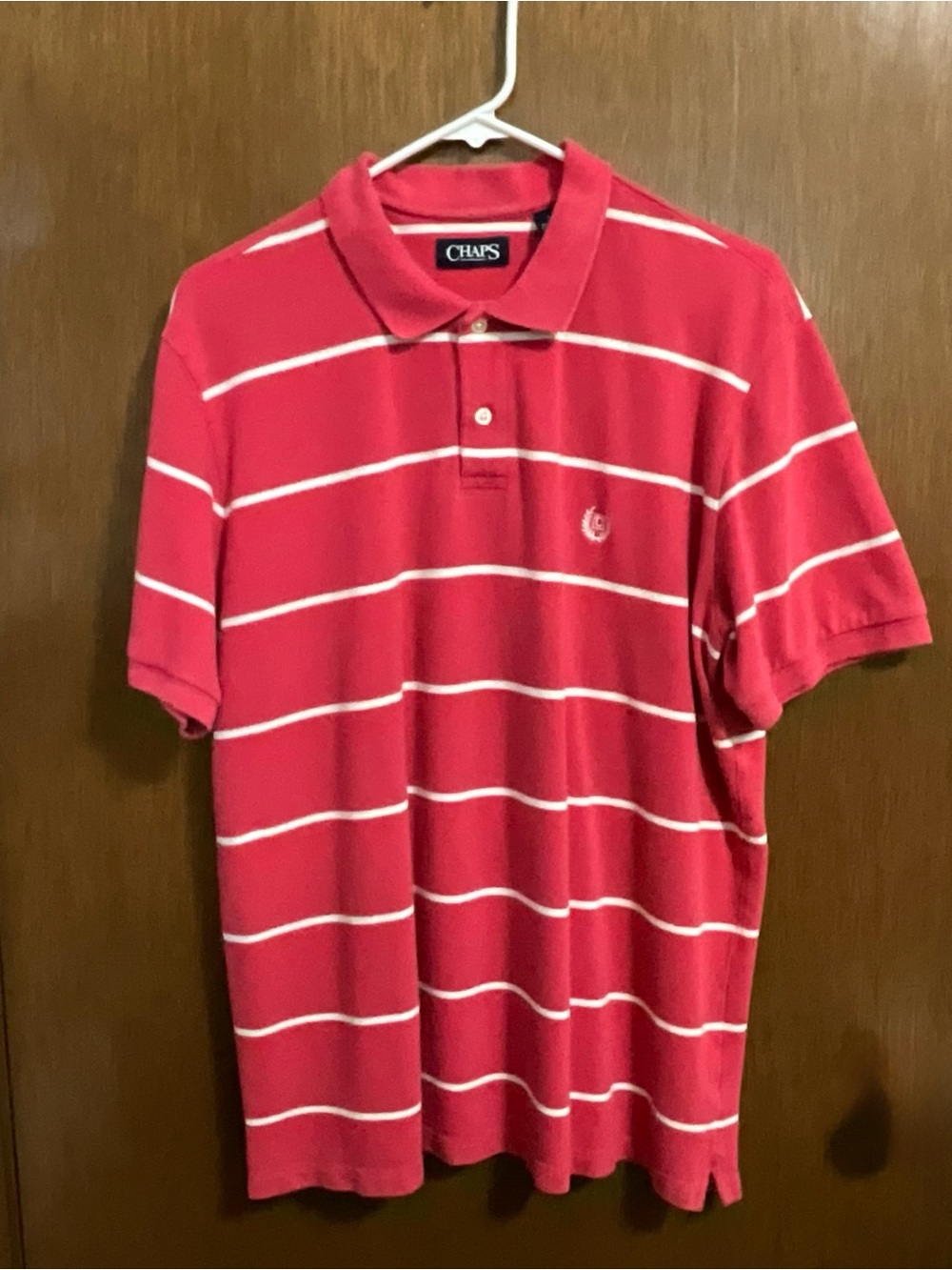 Chaps Men’s Pink Polo with White Stripes Size Large